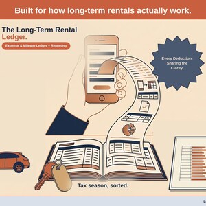 Title slide for the Long-Term Rental Ledger — “Expense & Mileage Ledger + Reporting” set over illustrated long-term rental objects on a desk. Expenses, mileage, and tax-ready reporting — with the categories you actually use.