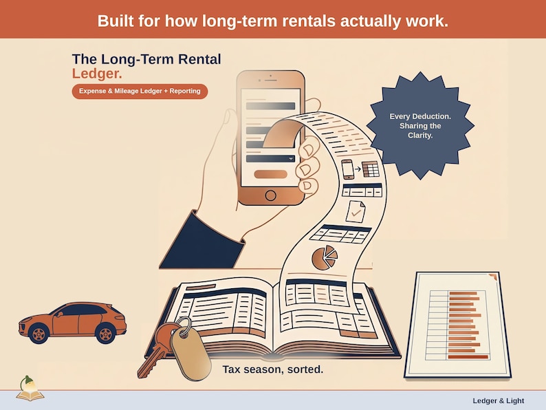 Title slide for the Long-Term Rental Ledger — “Expense & Mileage Ledger + Reporting” set over illustrated long-term rental objects on a desk. Expenses, mileage, and tax-ready reporting — with the categories you actually use.