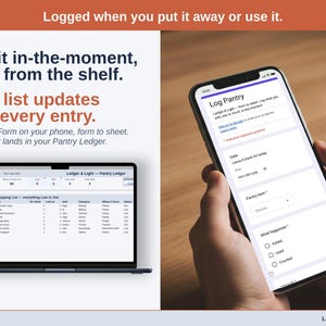A phone showing the Log Pantry form beside a laptop with the Pantry Ledger Dashboard: each entry travels form to sheet and lands in your Pantry Ledger.