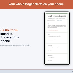A phone held in one hand showing the expense entry form: date, merchant, amount, category, payment method. This is where a online business expense gets logged, in the moment.