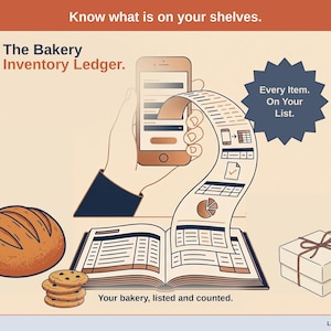 May include: A digital inventory ledger graphic featuring a smartphone, a long scrolling list, and an open book. Text includes: Know what is on your shelves. The Bakery Inventory Ledger. Every Item. On Your List. Your bakery, listed and counted.