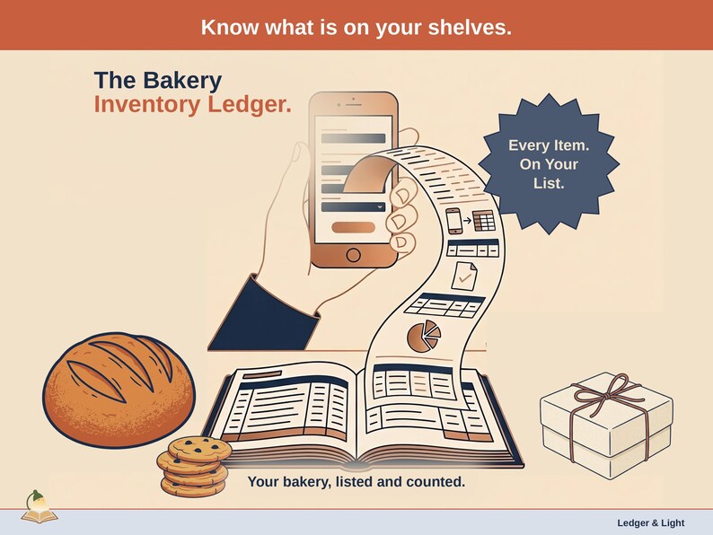 Title slide for the Bakery Inventory Ledger — a bread loaf, a bakery box and a stack of cookies around an open ledger, with a phone feeding it: your bakery, listed and counted.