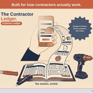 Title slide for the Contractor Ledger — “Expense Ledger” set over illustrated contractor objects on a desk. Expenses, mileage, and tax-ready reporting — with the categories you actually use.