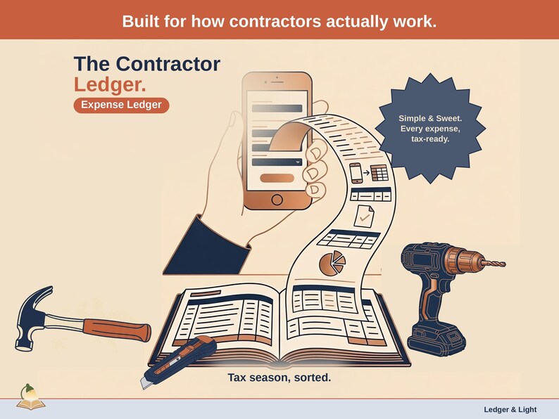 Title slide for the Contractor Ledger — “Expense Ledger” set over illustrated contractor objects on a desk. Expenses, mileage, and tax-ready reporting — with the categories you actually use.