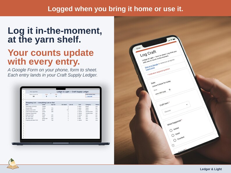A phone showing the Log Craft form beside a laptop with the Craft Supply Ledger Dashboard: each entry travels form to sheet and lands in your Craft Supply Ledger.