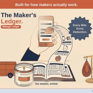 Title slide for the Maker Ledger — “Mileage Ledger” set over illustrated maker objects on a desk. Expenses, mileage, and tax-ready reporting — with the categories you actually use.
