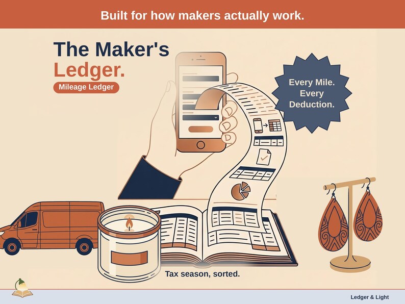 Title slide for the Maker Ledger — “Mileage Ledger” set over illustrated maker objects on a desk. Expenses, mileage, and tax-ready reporting — with the categories you actually use.