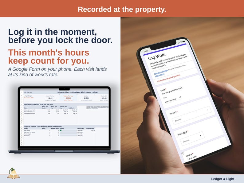 A phone showing the Log Work form next to a laptop with the Caretaker Work Hours Ledger Dashboard: A Google Form on your phone. Labor, specialty work and property checks land in your Caretaker Work Hours Ledger.
