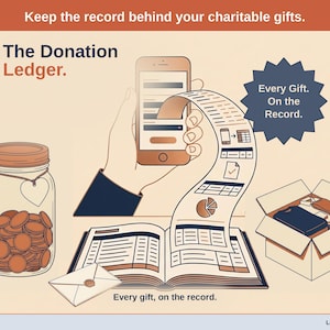 Könnte beinhalten: Eine Infografik mit dem Titel The Donation Ledger, die ein mit Münzen gefülltes Glas, ein Smartphone mit einem Formular, einen langen Kassenbon, der in ein offenes Buch führt, einen Umschlag und einen Karton mit gefalteter Kleidung zeigt.