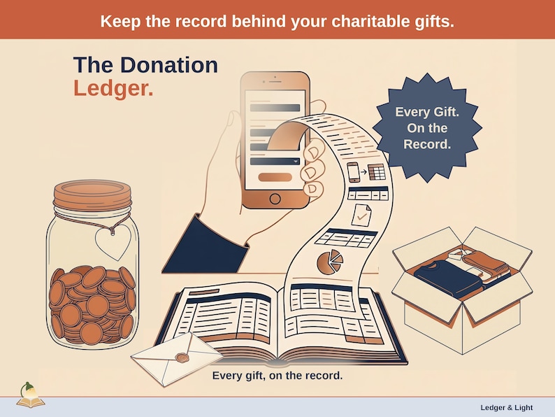 Title slide for the Donation Ledger: a glass coin jar with a paper heart tag, a cardboard donation box of folded clothing and a sealed thank-you letter around an open ledger, with a phone feeding it.