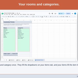 The Customize Forms tab: your rooms and categories, which fill the dropdowns on the Items tab, while your Items fill the item list on the form.