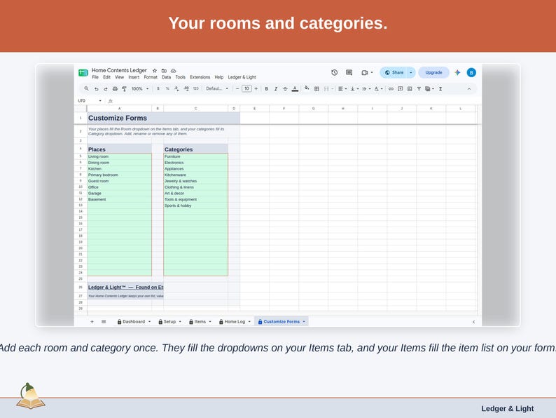 The Customize Forms tab: your rooms and categories, which fill the dropdowns on the Items tab, while your Items fill the item list on the form.