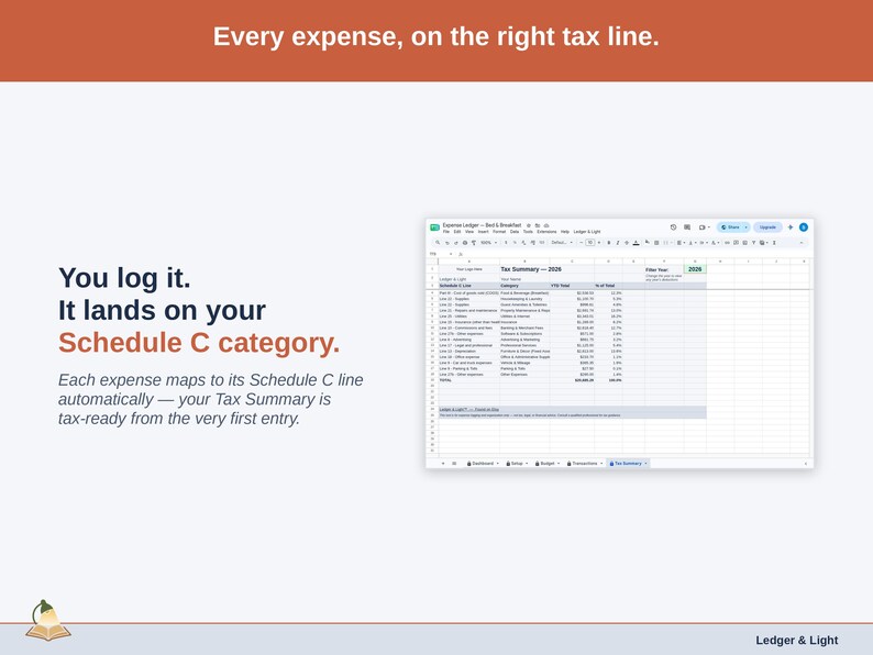 The Tax Summary tab on a laptop, every bed & breakfast expense already sitting on its Schedule C line. Each expense maps to its Schedule C line automatically — your Tax Summary is tax-ready from the very first entry.