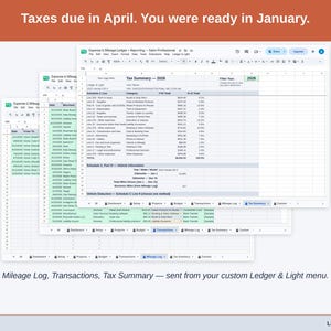 Two exported cards side by side — Tax Summary and Transactions — sent from the Expense & Mileage Ledger + Reporting’s custom Ledger & Light menu. A salon professional year, ready to hand over.