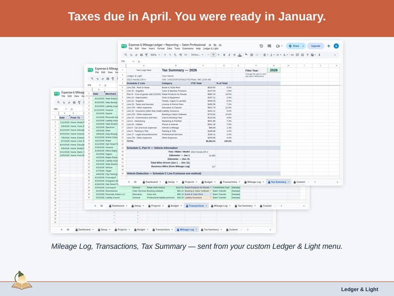 Two exported cards side by side — Tax Summary and Transactions — sent from the Expense & Mileage Ledger + Reporting’s custom Ledger & Light menu. A salon professional year, ready to hand over.