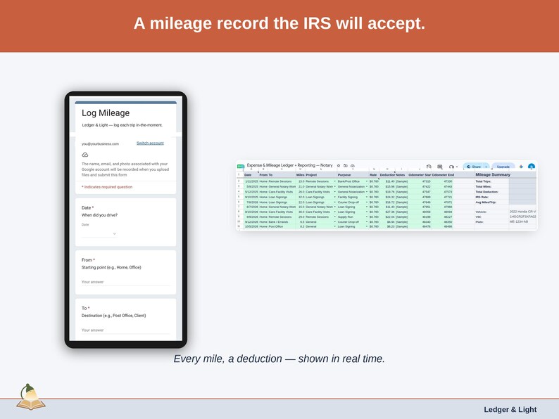 The Mileage Log tab — date, purpose, start and end odometer, miles, and the deduction at the IRS standard rate, calculated per trip. A notary driving record built to be accepted.