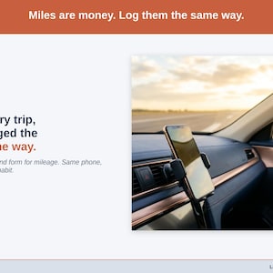 Photograph from behind the wheel: the mileage form is a second form on the same phone, for post-office runs, supply pickups, market pop-ups, and delivery drops.
