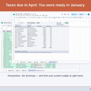 Two exported cards side by side — Tax Summary and Transactions — sent from the Expense Ledger’s custom Ledger & Light menu. A food vendor year, ready to hand over.