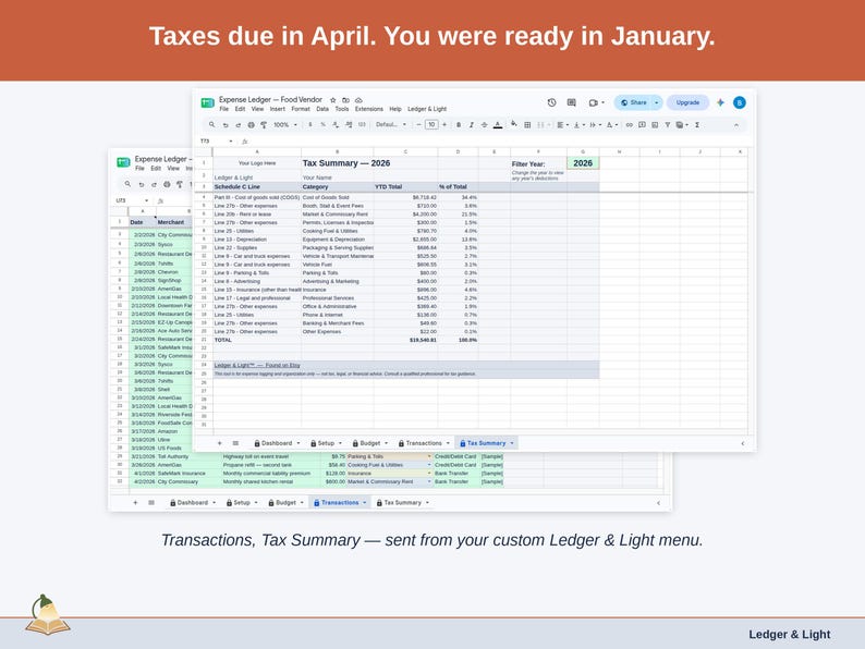 Two exported cards side by side — Tax Summary and Transactions — sent from the Expense Ledger’s custom Ledger & Light menu. A food vendor year, ready to hand over.