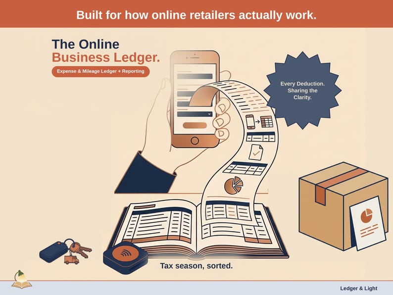 Title slide for the Online Business Ledger — “Expense & Mileage Ledger + Reporting” set over illustrated online business objects on a desk. Expenses, mileage, and tax-ready reporting — with the categories you actually use.