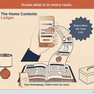 Title slide for the Home Contents Ledger - a table lamp, a storage box and a picture frame around an open ledger, with a phone feeding it: your belongings, listed room by room.