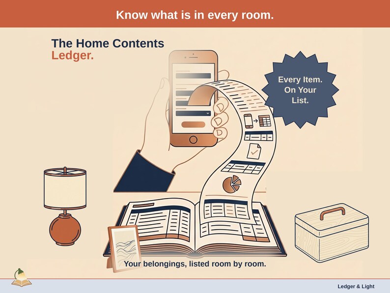 Title slide for the Home Contents Ledger - a table lamp, a storage box and a picture frame around an open ledger, with a phone feeding it: your belongings, listed room by room.