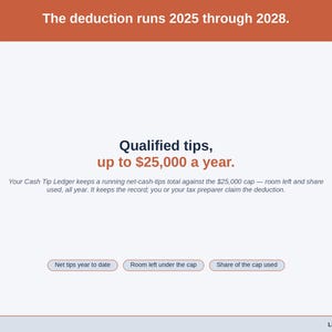 A statement slide on the qualified-tips cap — up to $25,000 a year for tax years 2025 through 2028 — with the room left under the cap kept on the Dashboard.