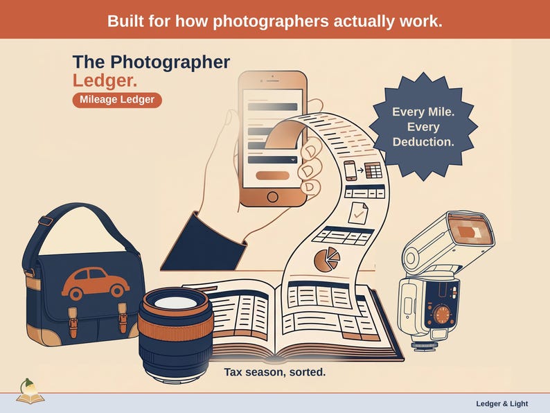 Title slide for the Photographer Ledger — “Mileage Ledger” set over illustrated photographer objects on a desk. Expenses, mileage, and tax-ready reporting — with the categories you actually use.