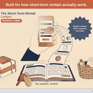 Title slide for the Short-Term Rental Ledger — “Expense Ledger” set over illustrated short-term rental objects on a desk. Expenses, mileage, and tax-ready reporting — with the categories you actually use.