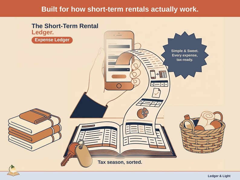 Title slide for the Short-Term Rental Ledger — “Expense Ledger” set over illustrated short-term rental objects on a desk. Expenses, mileage, and tax-ready reporting — with the categories you actually use.