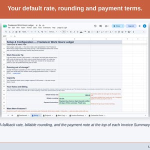 The Setup tab’s rates and billing section: a fallback hourly rate, billable rounding, and the payment note printed at the top of each Invoice Summary.