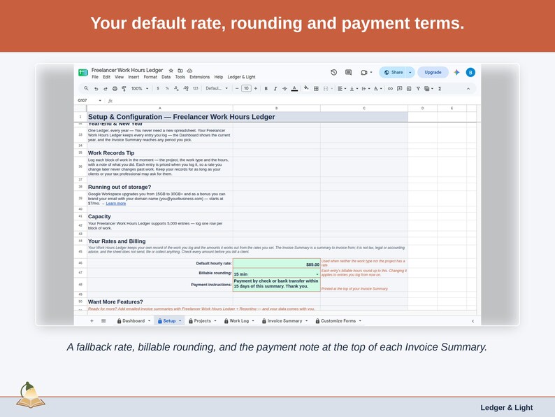 The Setup tab’s rates and billing section: a fallback hourly rate, billable rounding, and the payment note printed at the top of each Invoice Summary.
