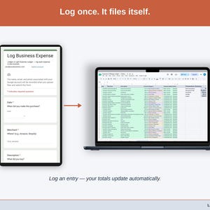 The expense form on a phone beside the Transactions tab it feeds: a notary purchase submitted on the form appears as a new row in the Expense & Mileage Ledger, already sorted. Log an entry — your totals update automatically.