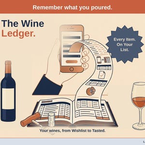 May include: A graphic titled The Wine Ledger featuring a wine bottle, a glass of wine, a corkscrew, a cork, and an open ledger book. A hand holds a smartphone with a long paper receipt scrolling out, displaying icons and charts. Text reads: Remember what you poured. Every Item. On Your List. Your wines, from Wishlist to Tasted. Ledger & Light.