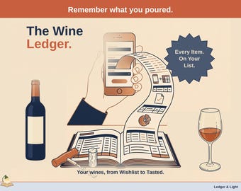 May include: A graphic titled The Wine Ledger featuring a wine bottle, a glass of wine, a corkscrew, a cork, and an open ledger book. A hand holds a smartphone with a long paper receipt scrolling out, displaying icons and charts. Text reads: Remember what you poured. Every Item. On Your List. Your wines, from Wishlist to Tasted. Ledger & Light.