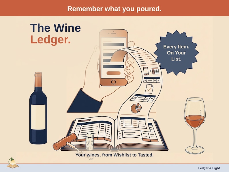Title slide for the Wine Ledger - a wine bottle, a wine glass and a corkscrew beside a cork around an open ledger, with a phone feeding it: your wines, from Wishlist to Tasted.