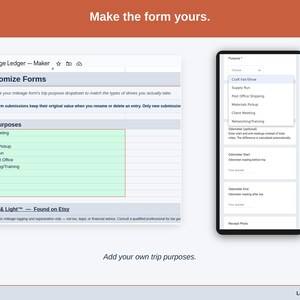 The Customize Forms tab, where the dropdowns become yours: maker trip purposes such as post office/shipping, supply run and craft fair/market, plus your own payment methods.