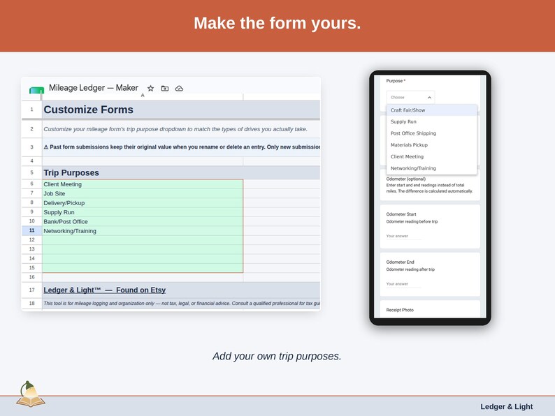 The Customize Forms tab, where the dropdowns become yours: maker trip purposes such as post office/shipping, supply run and craft fair/market, plus your own payment methods.