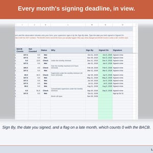 The Monthly Fieldwork tab’s signing columns: each month’s Sign By date, the date you signed, and a flag on a late month, which counts zero with the BACB.