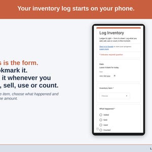 The Log Inventory form on a phone: date, inventory item, what happened (Added, Sold, Used or Counted), amount and a note.