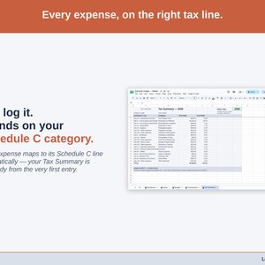 The Tax Summary tab on a laptop, every maker expense already sitting on its Schedule C line. Each expense maps to its Schedule C line automatically — your Tax Summary is tax-ready from the very first entry.