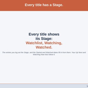 A statement slide on Stage: Watchlist, Watching or Watched, set by the entries you log.