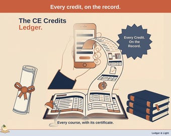 May include: A graphic illustration featuring a smartphone, a ledger book, a rolled certificate with a ribbon, and a stack of three books. Text includes "Every credit, on the record.", "The CE Credits Ledger.", and "Every course, with its certificate."