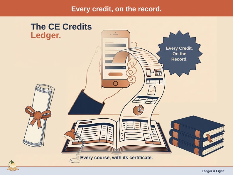 Title slide for the CE Credits Ledger — a rolled certificate, a stack of books and a desk lamp beside an open ledger, with a phone feeding it: every credit, on the record.
