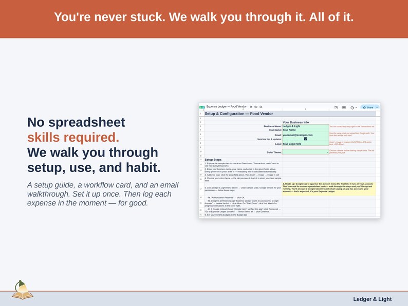 The Expense Ledger’s Setup tab on a laptop, walking a food vendor owner through first-time setup step by step. A setup guide, a workflow card, and an email walkthrough. Set it up once. Then log each expense in the moment — for good.