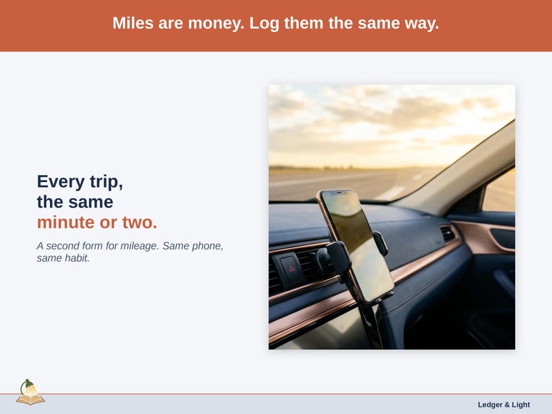 Photograph from behind the wheel: the mileage form is a second form on the same phone, for supply runs, post-office and shipping trips, craft fairs and markets, and materials pickups.