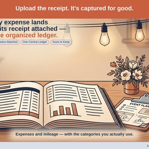 Closing slide, captioned receipt photos attached, one central ledger, yours to keep. Every event planner expense lands with its receipt attached, in one ledger that stays in your own Drive.