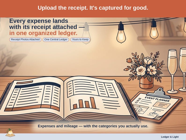 Closing slide, captioned receipt photos attached, one central ledger, yours to keep. Every event planner expense lands with its receipt attached, in one ledger that stays in your own Drive.
