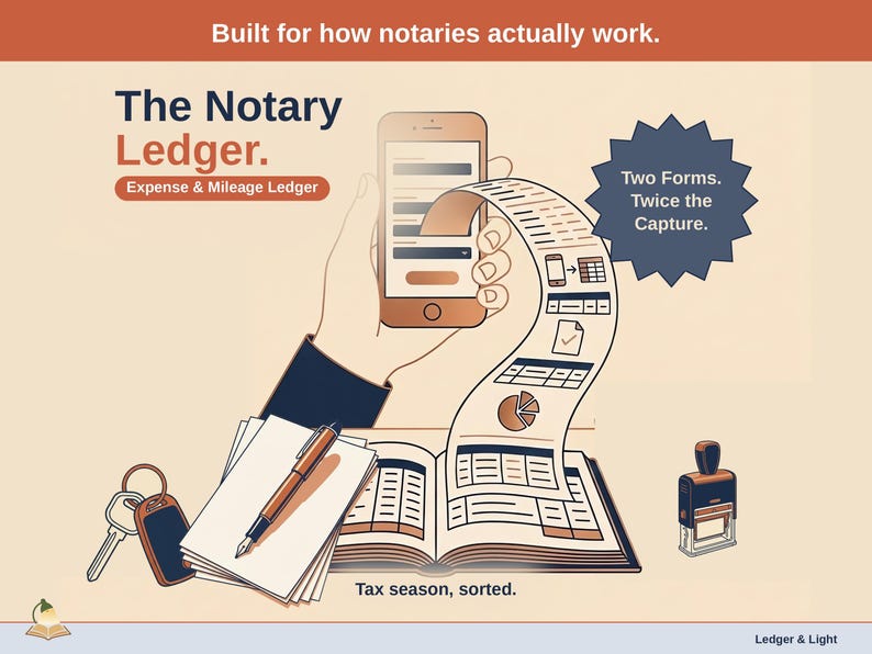 Title slide for the Notary Ledger — “Expense & Mileage Ledger” set over illustrated notary objects on a desk. Expenses, mileage, and tax-ready reporting — with the categories you actually use.