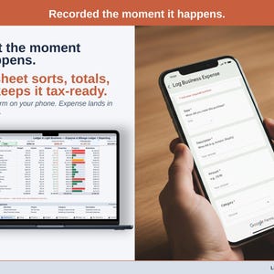 A laptop open to the Dashboard of a reseller Expense & Mileage Ledger + Reporting in Google Sheets, with the headline “Log it the moment it happens. The sheet sorts, totals, and keeps it tax-ready”. Google Form on your phone. Expense lands in your sheet.